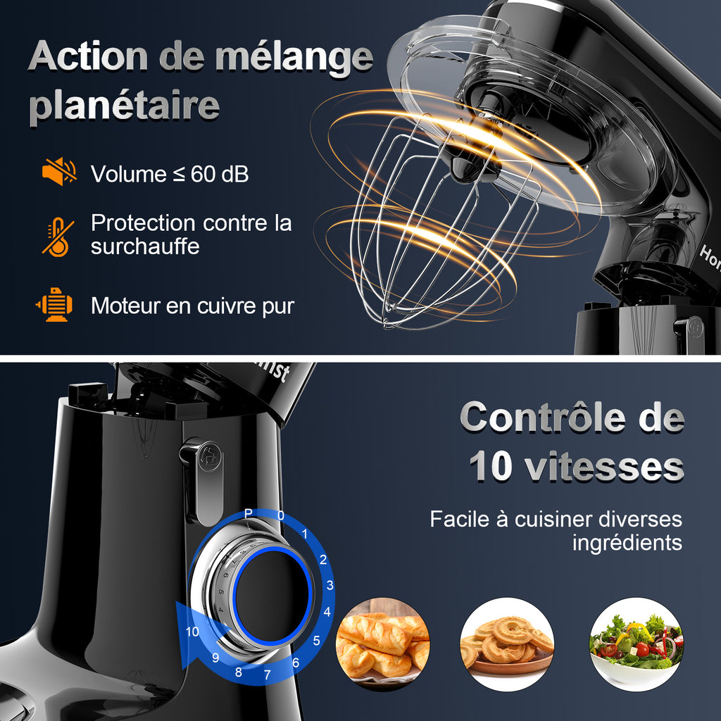 HONINST Robot pâtissier électrique à tête inclinable 6,5 qt 10 vitesses, robot de cuisine 3 en 1 avec bol, crochet pétrisseur, fouet et batteur plat