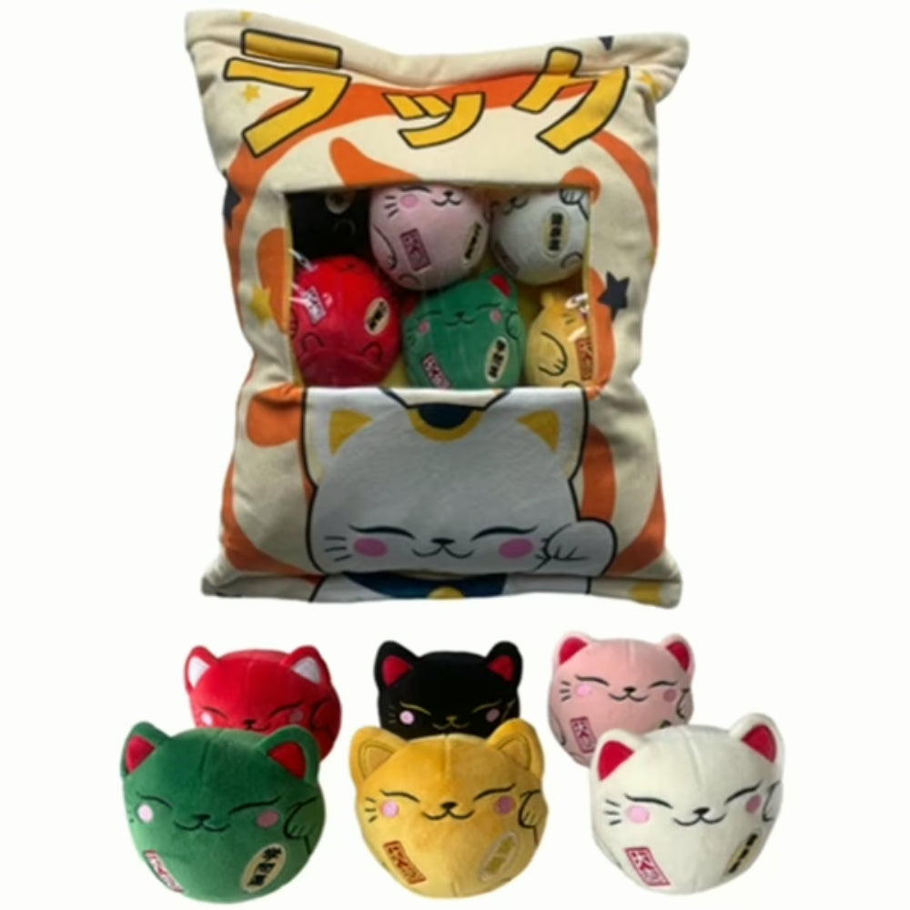 Coussin Kawaii + 6 mini Peluches Maneki Neko Chats Porte-Bonheur