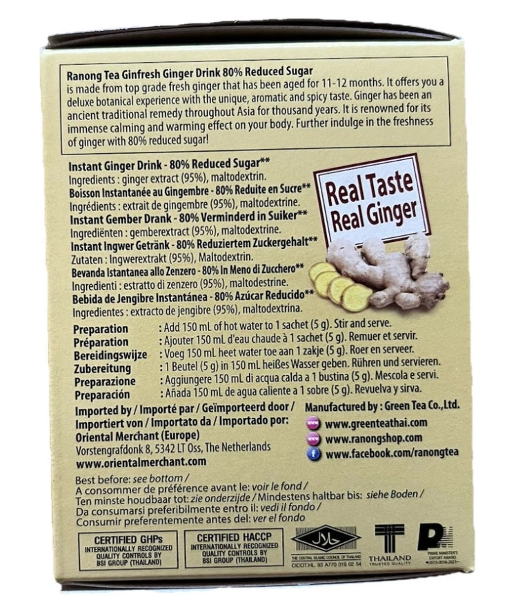 Ranong Tea Boisson instantanée au gingembre Ginfresh, 80 % de réduction de sucre - 60 g