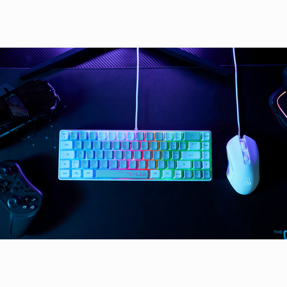 THE G-LAB Hydrogen Combo Set Clavier et Souris Gaming Filaire - AZERTY, 7200 DPI, 6 Boutons - Blanc/Gris