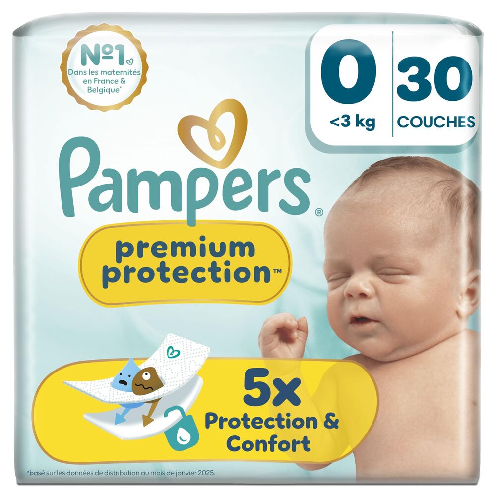 Pampers Premium Protection, Taille 0, 30 Couches, <3kg, Double Protection De La Peau Et Contre Les Fuites, Choix N°1 des maternités en France