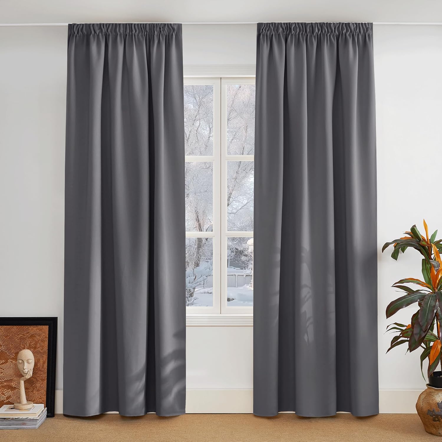 PONY DANCE Store occultant plis crayon, lot de 2, W 140 x H 245 cm (W 55 x H 96 pouces), gris