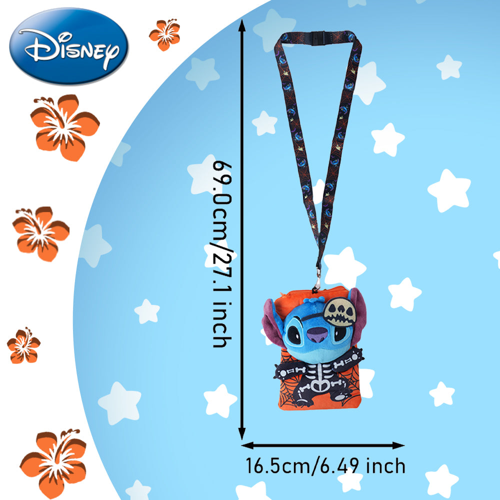 Disney 1 pièce Porte-carte Stitch Halloween en peluche avec tour de cou, sous licence officielle, thème effrayant squelette et toile d'araignée