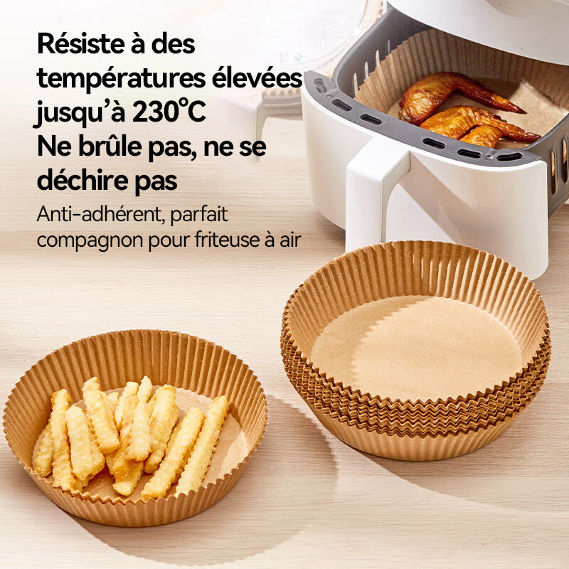 ochama x J.ZAO Papier pour Friteuse à Air - 100 Feuilles de Papier Cuisson Jetable, Résistant à la Chaleur, Qualité Alimentaire, Essentiel pour Friture à Air, Cuisson et Conservation - Accessoires de Cuisine - 1 Pack de 100 pièces