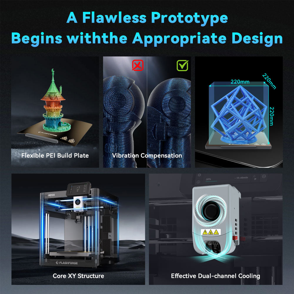 FlashForgeAdventurer 5M Imprimante 3D, vitesse max. 600 mm/s, extrudeuse directe 280 °C, taille d'impression 220 x 220 x 220 mm