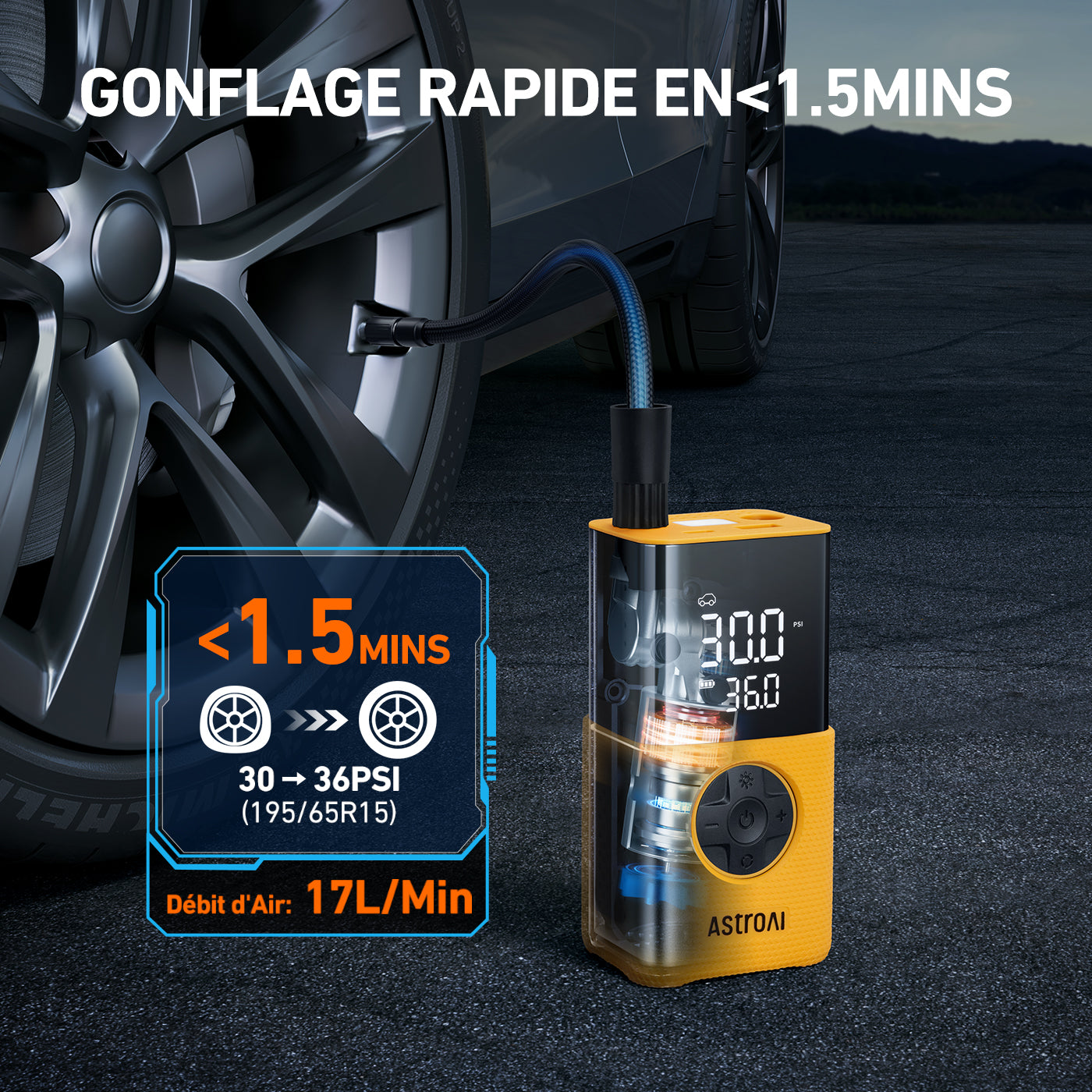 AstroAI L7S Pompe à pneu portable, compresseur d’air sans fil pour vélo, écran numérique à double affichage, pompe à pneu pour voiture 150 PSI, lumières LED