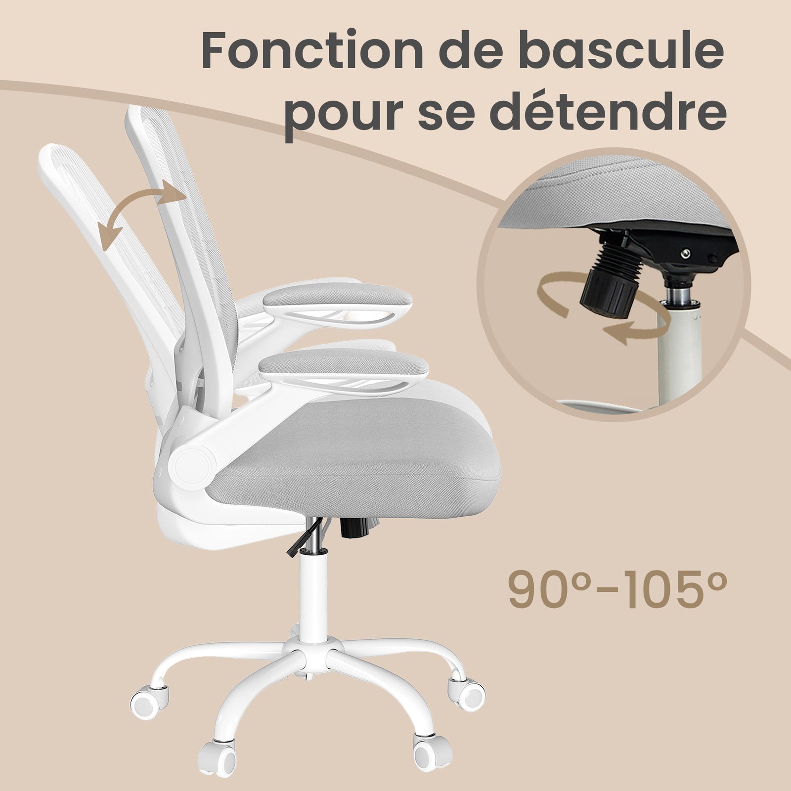 JOYFURNOS Chaise de bureau ergonomique pivotante en mesh, accoudoirs pliants, gris clair