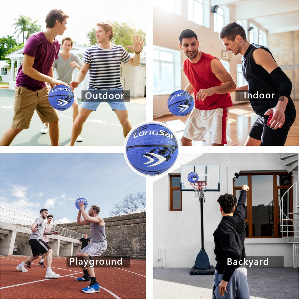 LONGSAIL Ballon de basket-ball en caoutchouc haute qualité (29,5 po) Taille 7 Bleu ciel/motif noir/motif bleu clair