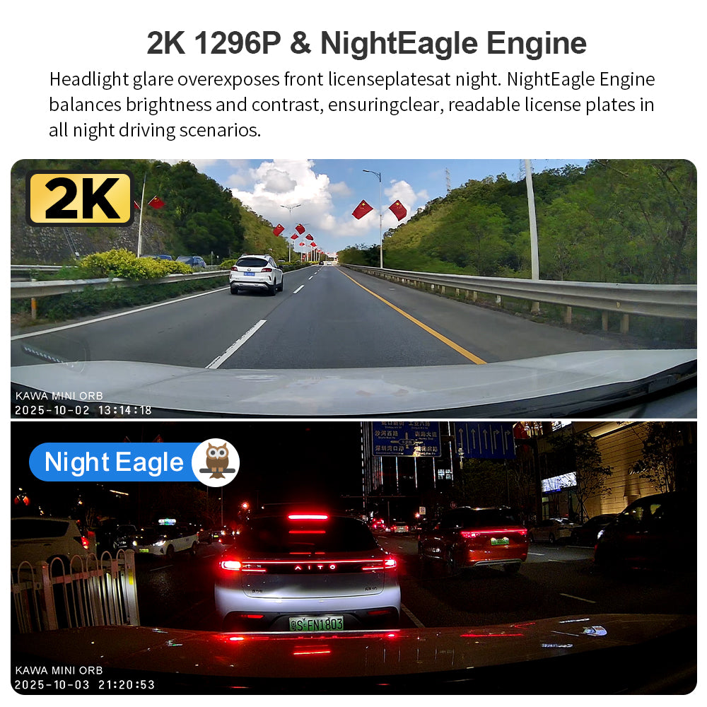 KAWA Dashcam 2K avec commande vocale, mini caméra sphérique avant, support rotatif à 360°, Wi-Fi intégré et application, capteur G, moteur NightEagle