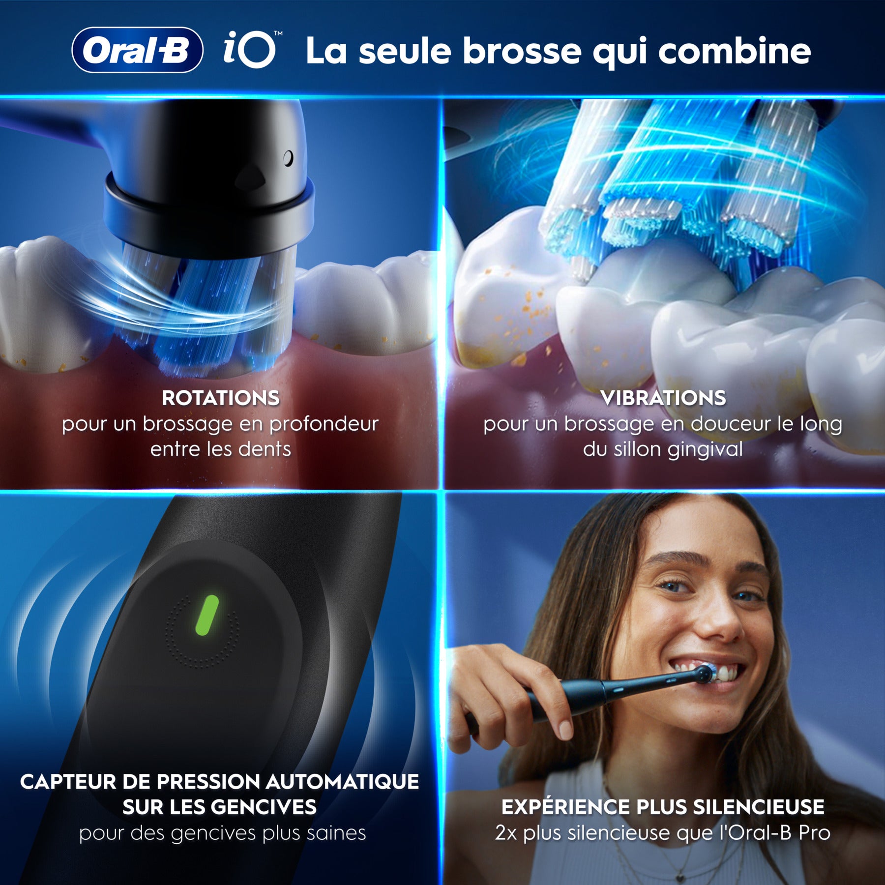 Oral-B iO2 Brosse à Dents Électrique Night Black – Protection Gencives avec Capteur de Pression Automatique, 3 Modes, Brossage Doux et Silencieux, Inclus 1 Brossette et Etui de Voyage