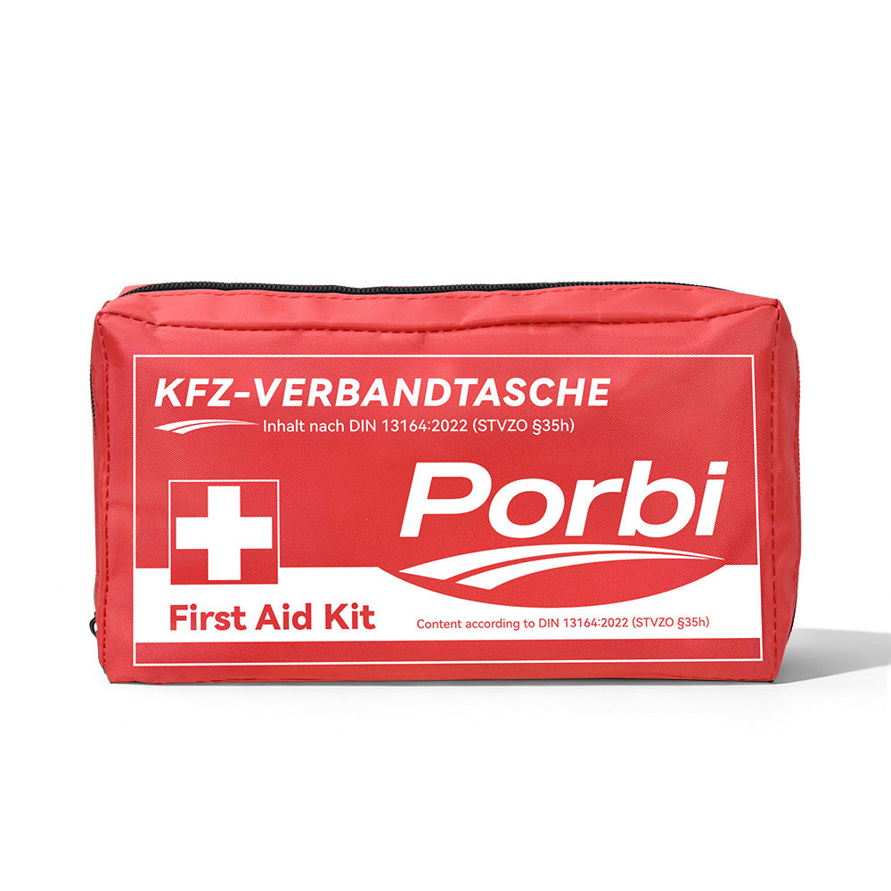 Trousse de premiers secours Porbi pour voiture, conforme à la norme DIN 13164, contient tout le matériel médical d'urgence nécessaire pour véhicules, voyages et accidents de la route, Rouge