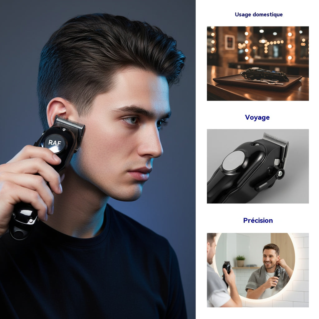 RAF Tondeuse professionnelle sans fil 5W puissante, écran LED, lame en acier au carbone, kit de coiffage pour hommes, coiffeur à domicile