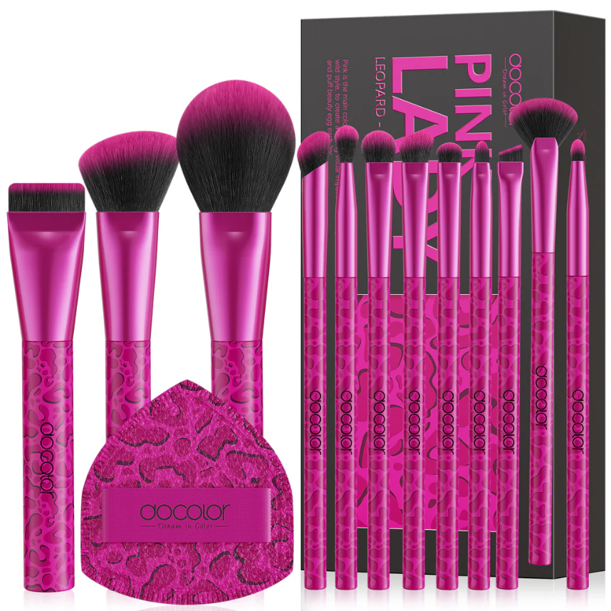 Docolor Coffret Cadeau 12 Pièces Pinceaux de Maquillage Imprimé Léopard Fuchsia