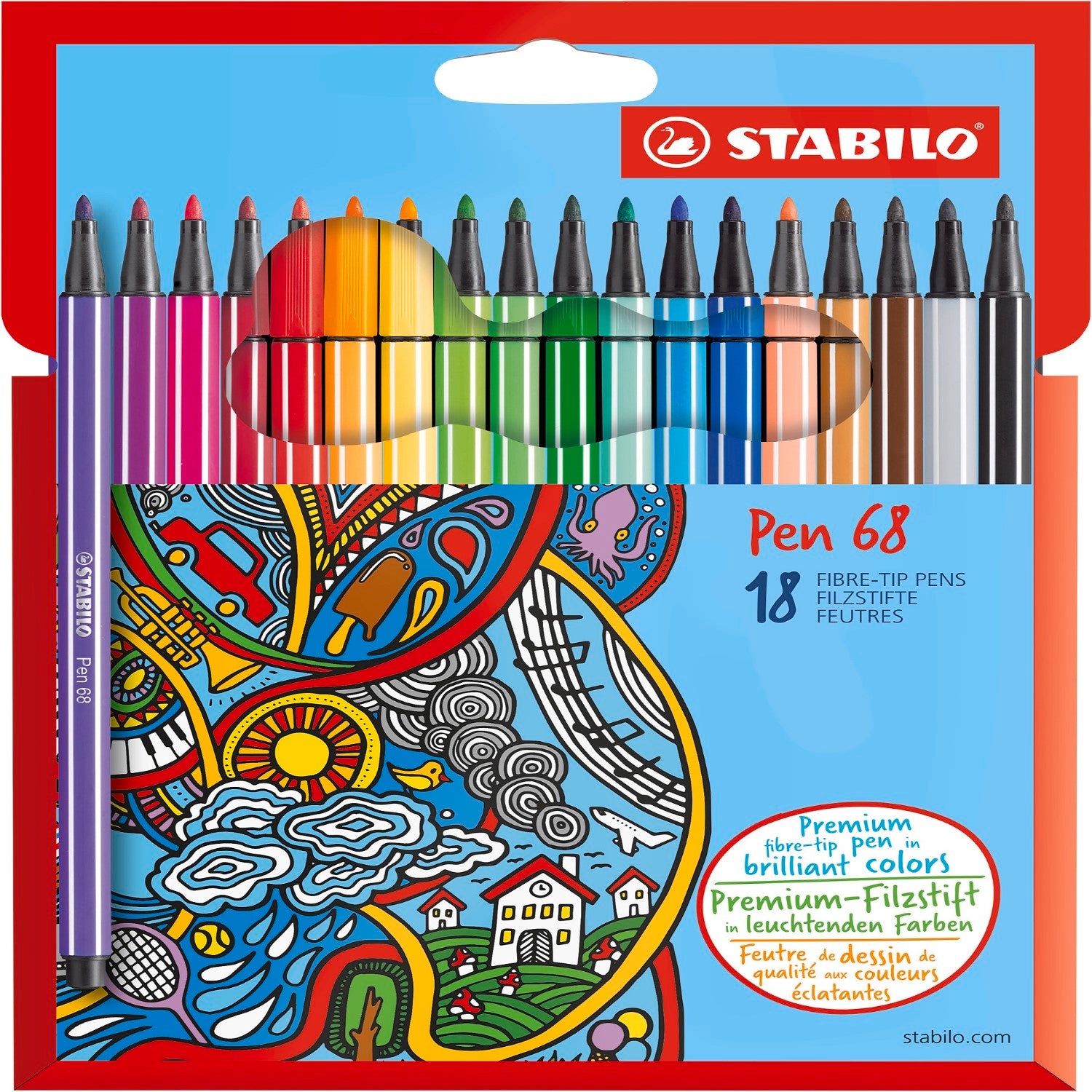 STABILO Pen 68 Feutres à pointe fibre haut de gamme, Lot de 18 avec 18 couleurs assorties
