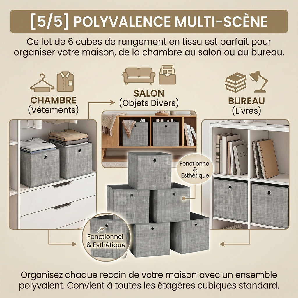 JOYFURNOS Boîtes de Rangement Pliables, Lot de 6 Boîtes en Tissu, 30 x 30 x 30 cm, Pour Meuble Cube, Pour Étagères, Rangement pour Vêtements, Gris