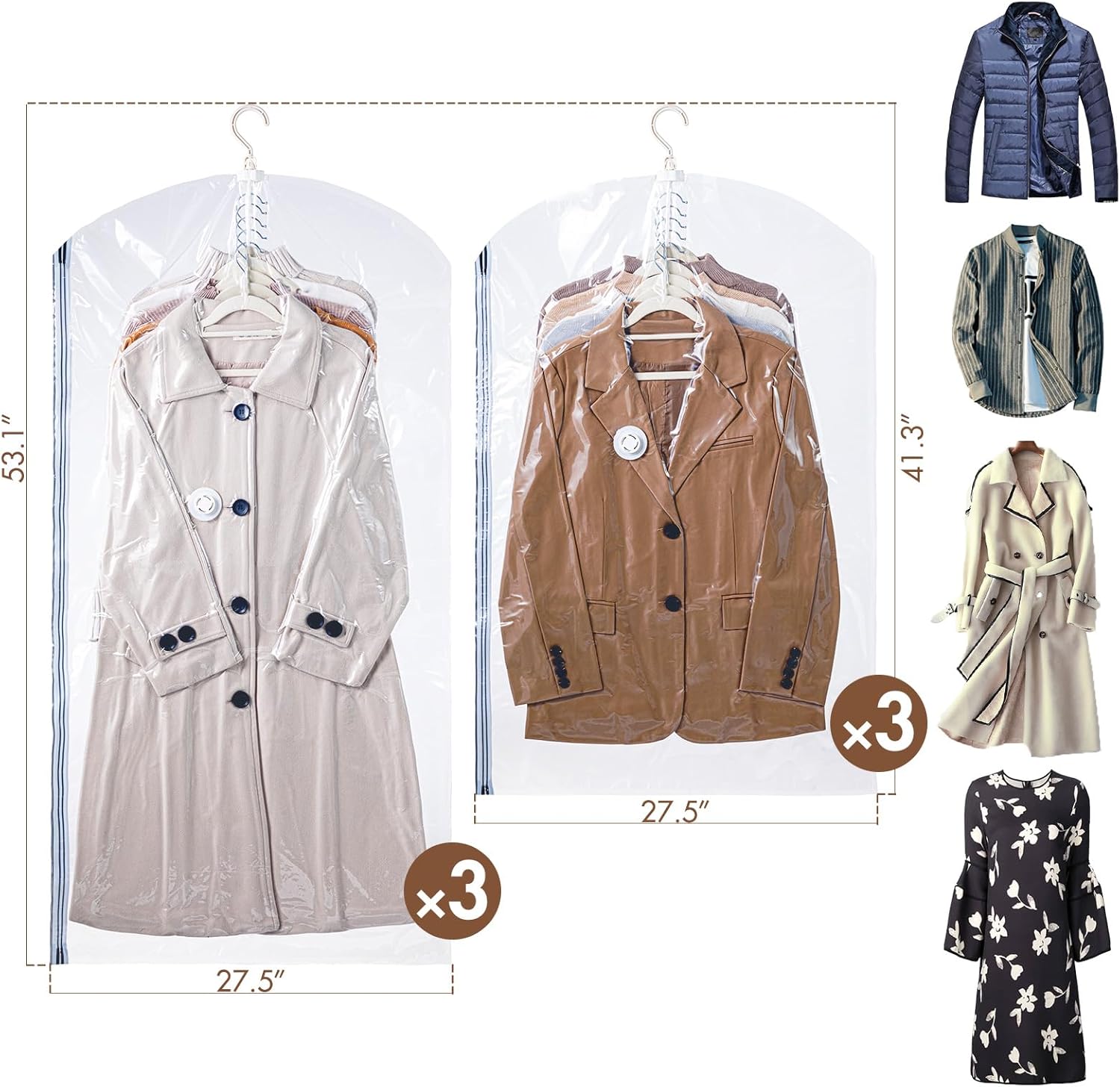Taili Sacs de rangement sous vide à suspendre, gain de place, pour vêtements, costumes et vestes, transparent (3 longs, 3 courts)