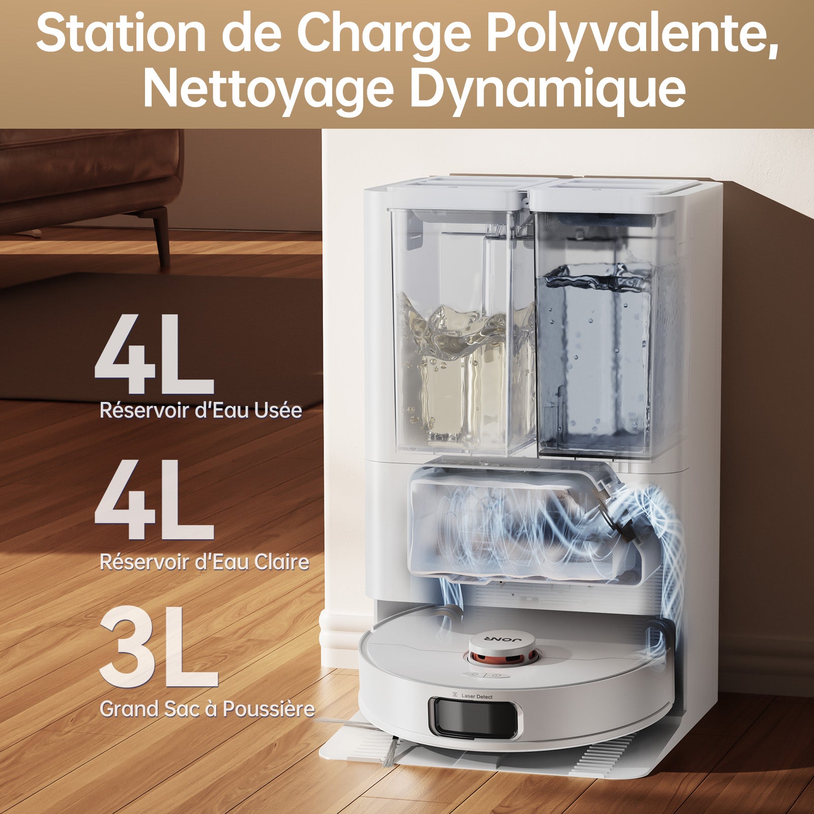 Robot Aspirateur Laveur JONR T5 Pro, Puissance d'Aspiration 8150 Pa, Séchage à l'Air Chaud, Brosse Latérale Anti-Emmêlement, Reconnaissance des Obstacles, Navigation Laser, Station de Base Tout-en-Un