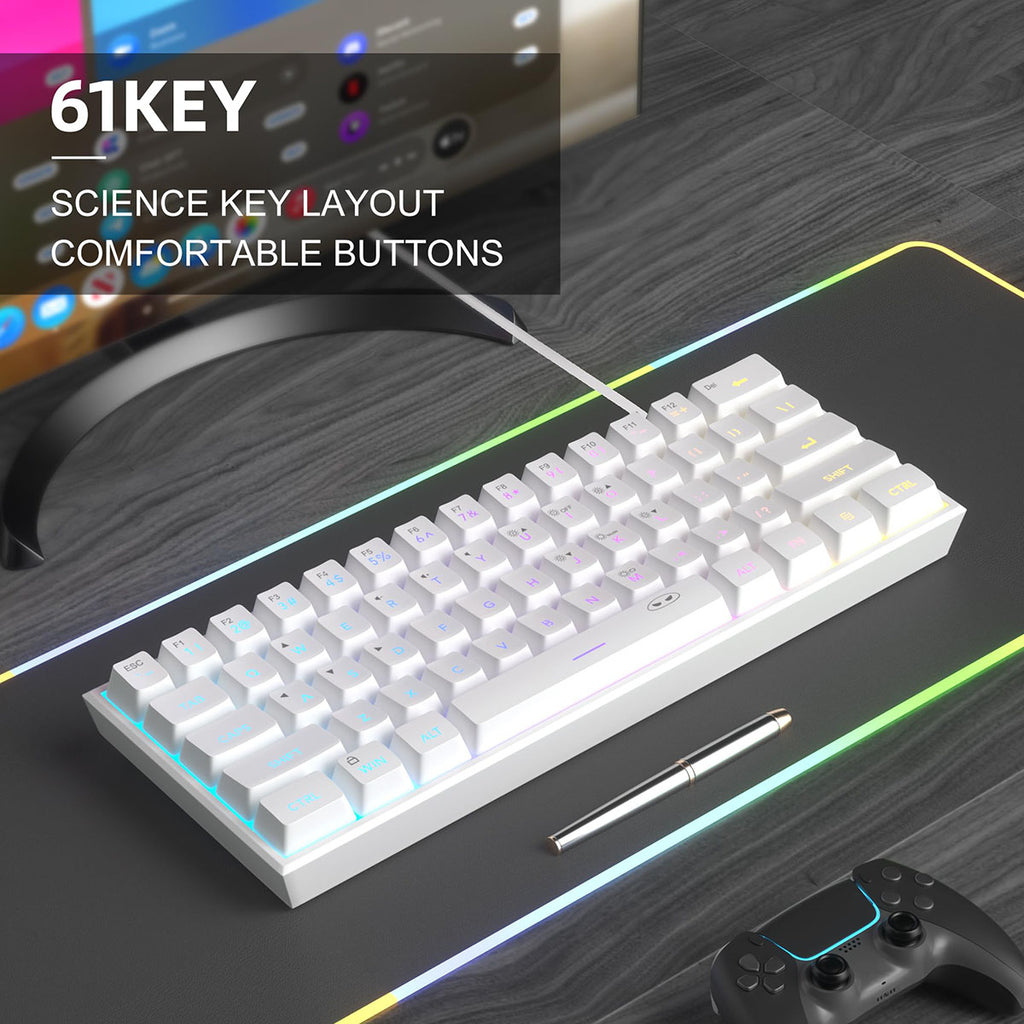 MageGee TS91 clavier de jeu filaire 60 %, disposition QWERTY US, rétroéclairage RGB, 61 touches, ultra-compact, ergonomique, étanche, à résonance mécanique, pour PC, Mac, PS4, Xbox One, gamer (Blanc)
