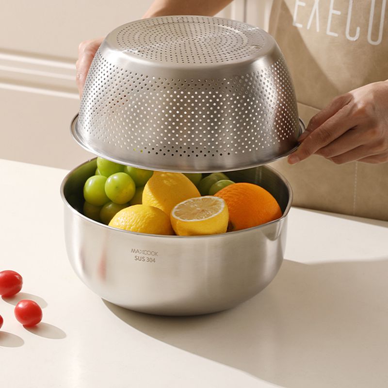 Maxcook Lot de 3 bols de mélange en acier inoxydable 304, 22 cm, avec bouchon d’évacuation et couvercle, robustes, bords plus profonds, finition miroir, compatibles lave-vaisselle, MCWA9907