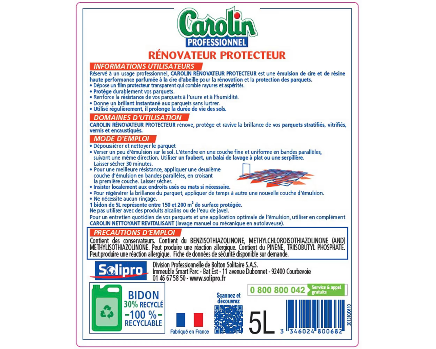 CAROLIN Émulsion parquet cire protectrice comble les rayures parfum cire d'abeille 5 kg