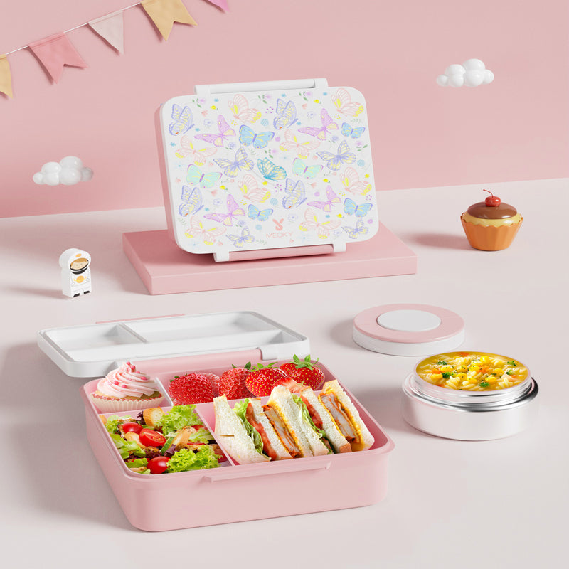 Meoky Boîte repas compartimentée 54 oz à loquet unique - Papillon blanc