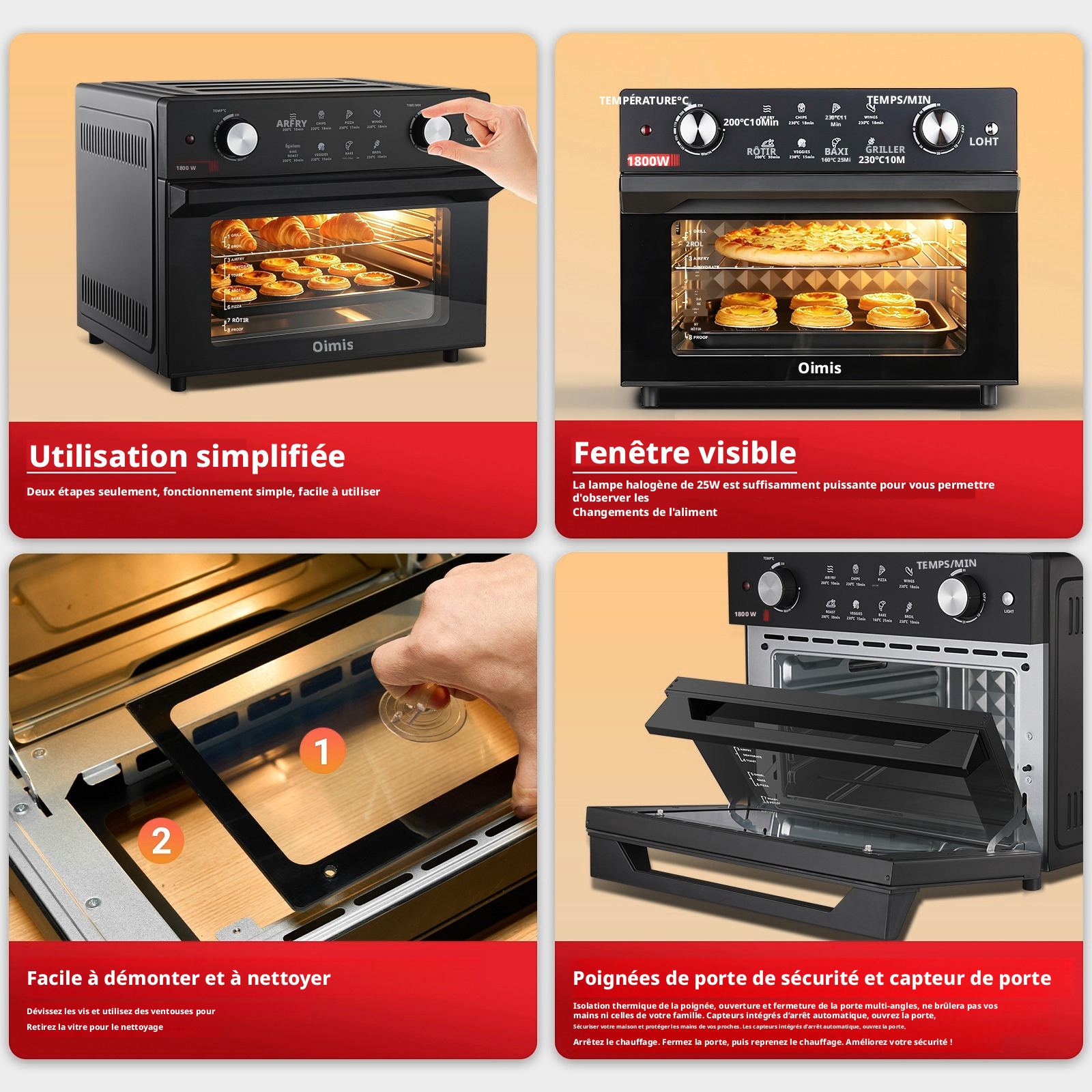 OIMIS Combiné friteuse sans huile et four à chaleur tournante 30 L, format familial, convient pour une pizza de 13 pouces, 1800 W, Noir
