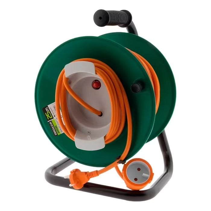 Enrouleur sans prise 2x1,5 mm² 25m pied métal + coupe circuit - Zenitech