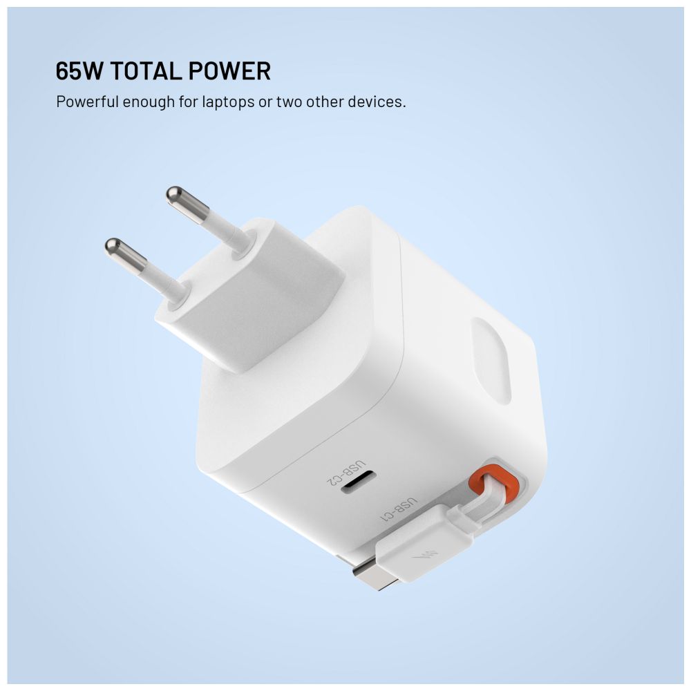 FIXED Chargeur de voyage GaN 65W avec câble rétractable, double USB-C, Charge Rapide PD 3.0, Blanc