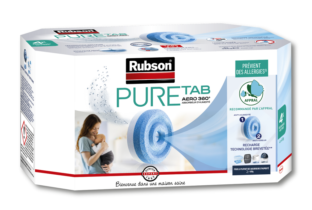 Rubson Recharges Pure Tab pour absorbeur d'humidité AERO 360° (4 x 450 g) – Recharges neutres anti-humidité & anti-odeur pour déshumidificateur – Recommandé par l'AFPRAL