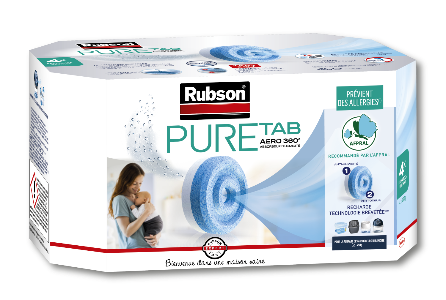 Rubson Recharges Pure Tab pour absorbeur d'humidité AERO 360° (4 x 450 g) – Recharges neutres anti-humidité & anti-odeur pour déshumidificateur – Recommandé par l'AFPRAL