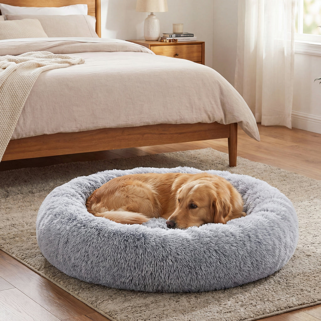 JOYFURNOS Tapis moelleux pour cage de chien avec housse amovible et lavable, gris, 120 x 20 cm, peluche longue, garnissage en coton PP