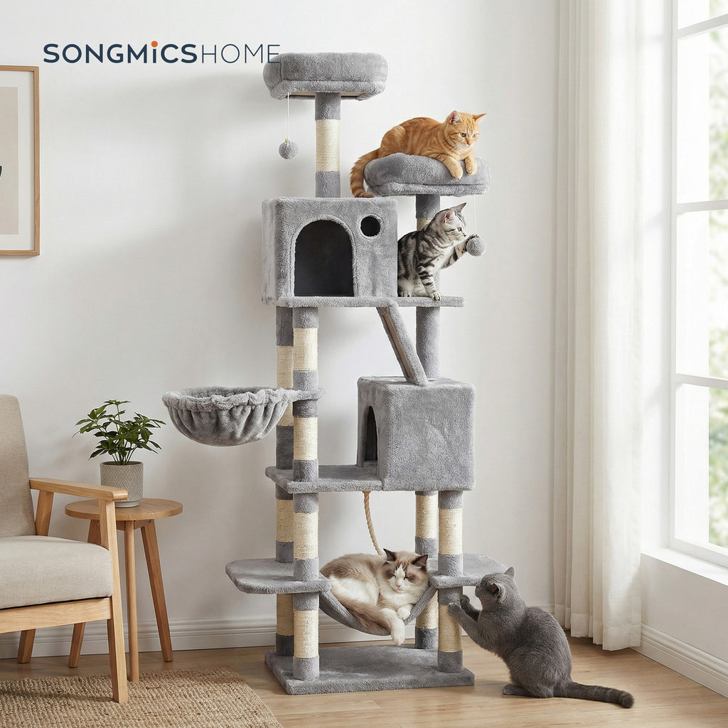 JOYFURNOS Arbre à chat, grande tour pour chat de 168 cm avec 13 poteaux à griffer, 1 rampe à griffer, 2 perchoirs, 2 niches, panier, hamac, pompons, gris clair