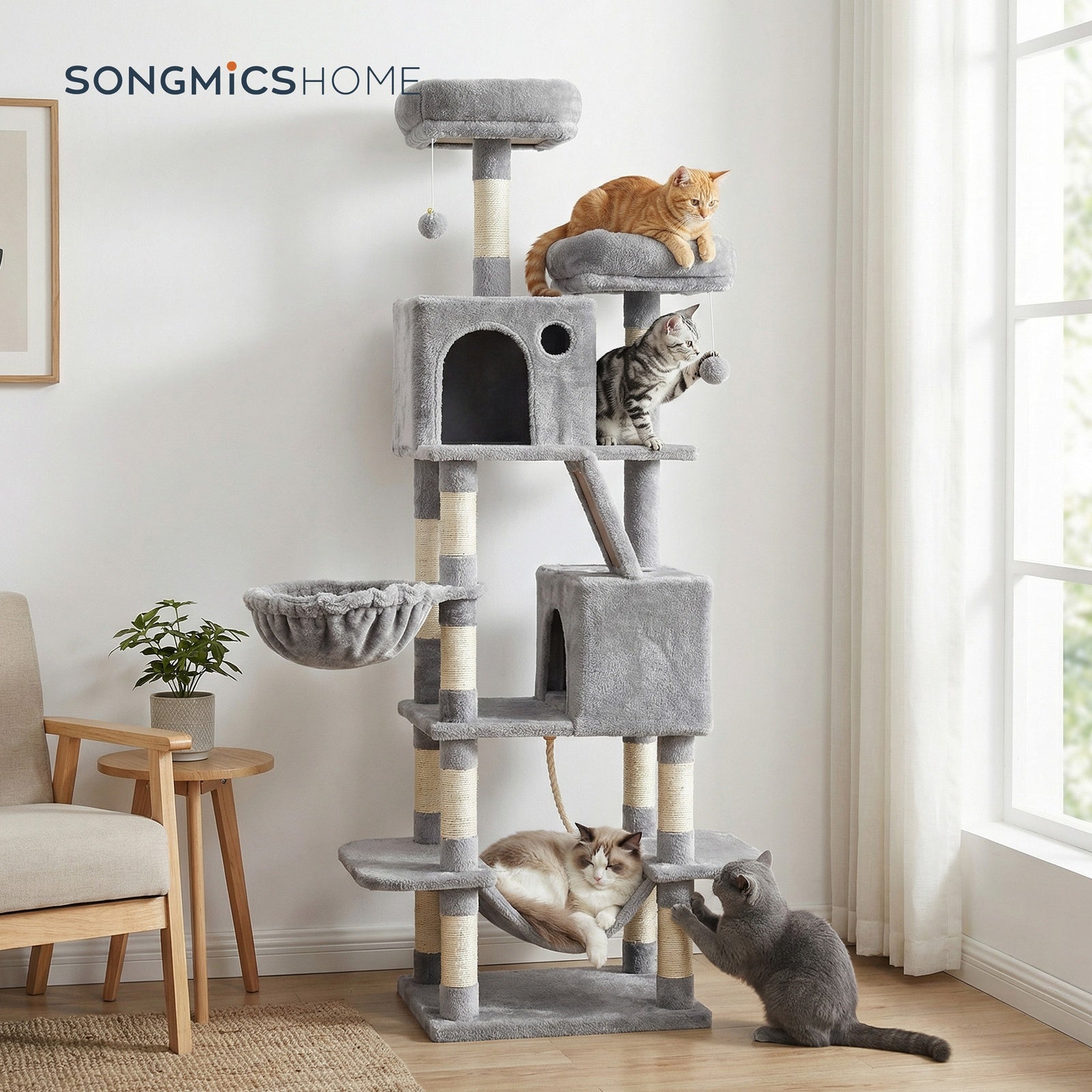 JOYFURNOS Arbre à chat, grande tour pour chat de 168 cm avec 13 poteaux à griffer, 1 rampe à griffer, 2 perchoirs, 2 niches, panier, hamac, pompons, gris clair