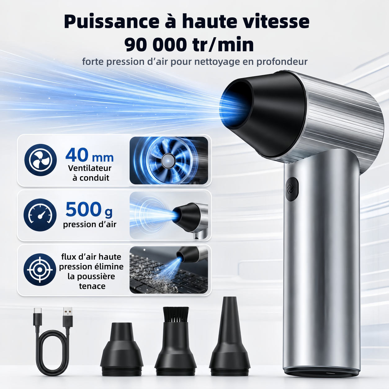 JUFIX X7 Dépoussiéreur à air comprimé - Ventilateur turbo 90000 RPM | Charge rapide 20 W, Batterie rechargeable, 3 vitesses réglables
