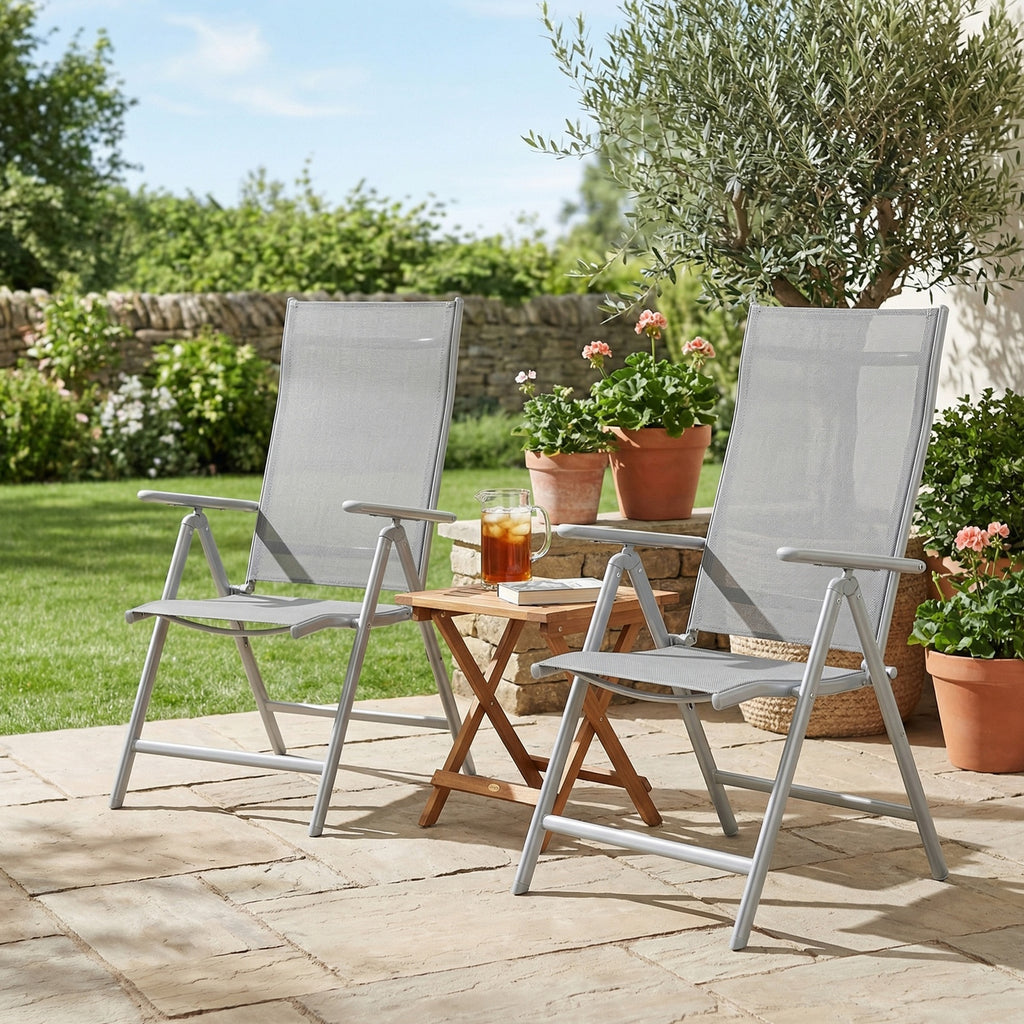 JOYFURNOS Lot de 2 Chaises de Jardin Pliantes, Chaises d’Extérieur avec Structure en Aluminium Résistante, Dossier Inclinable à 8 Positions, Capacité Max. 150 kg par Chaise, Gris