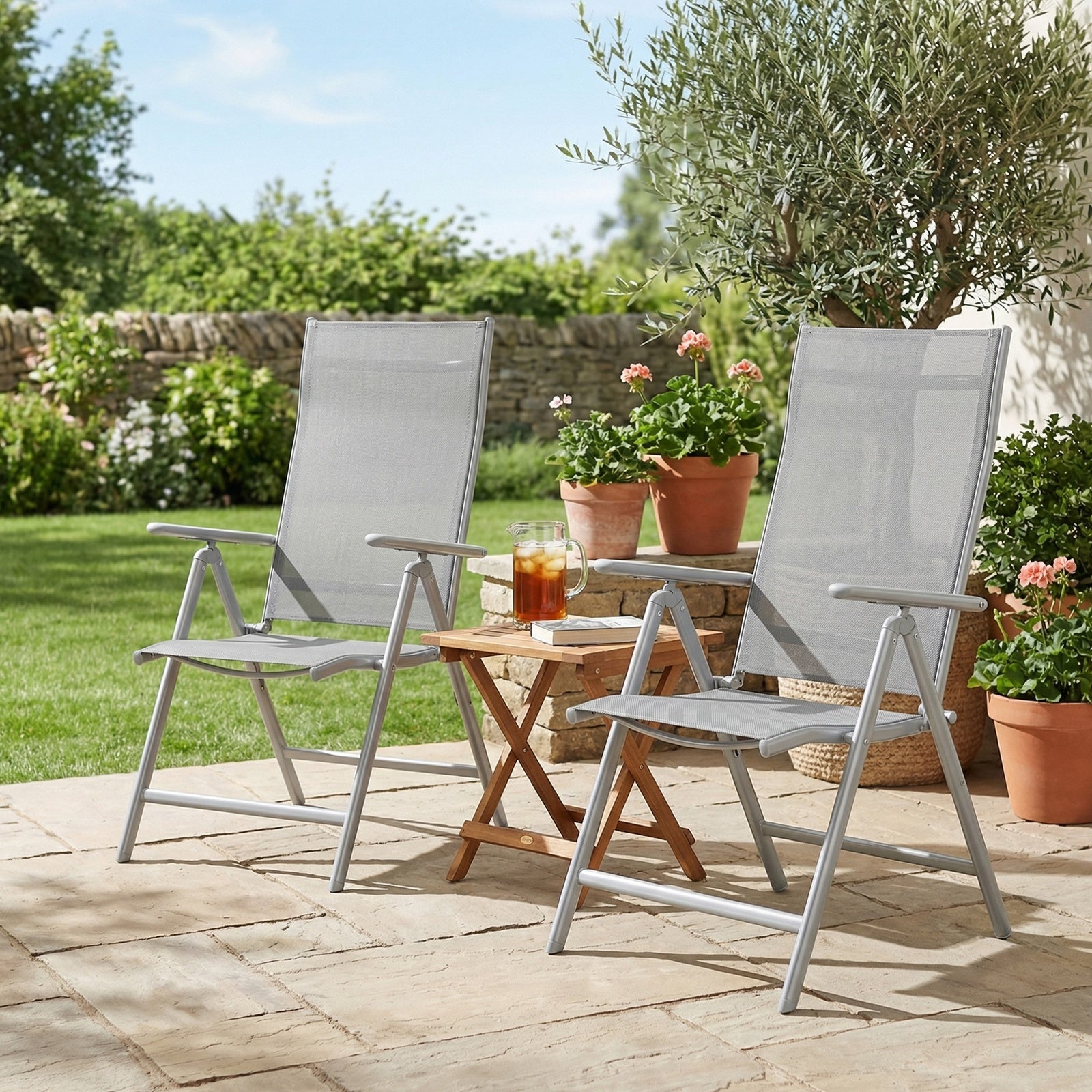 JOYFURNOS Lot de 2 Chaises de Jardin Pliantes, Chaises d’Extérieur avec Structure en Aluminium Résistante, Dossier Inclinable à 8 Positions, Capacité Max. 150 kg par Chaise, Gris