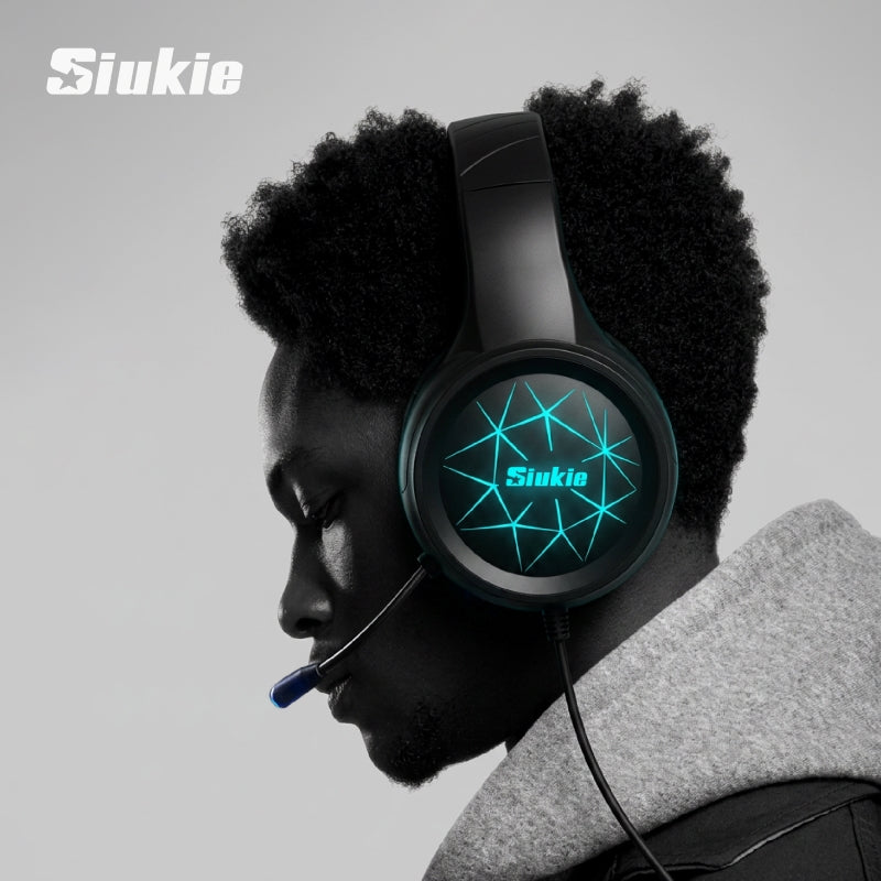 Siukie CH25 Casque de jeu avec micro antibruit, casque circum-auriculaire filaire à transducteurs 50 mm avec USB et jack 3,5 mm, rétroéclairage LED Bleu, son stéréo enveloppant