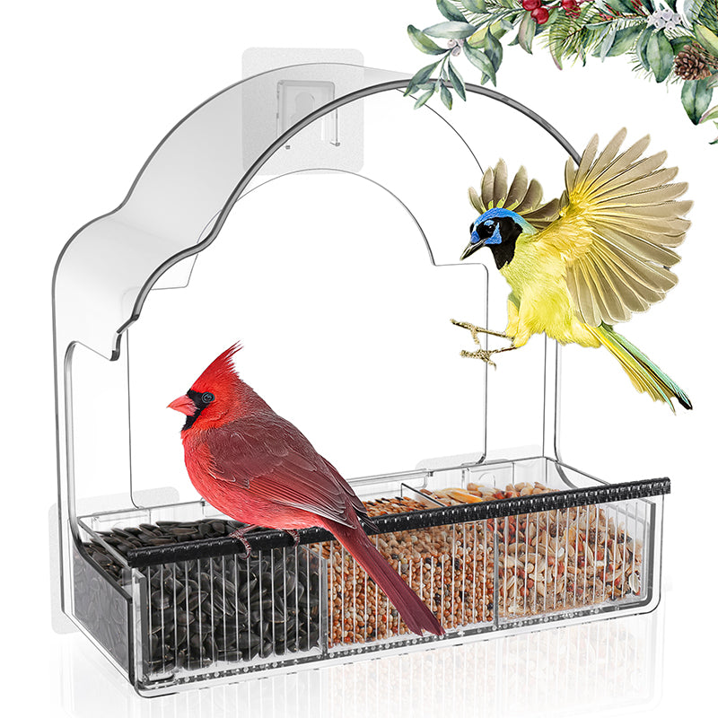 Blinkit Mangeoire en acrylique avec ventouse pour fenêtre, Design transparent, 6 ventouses solides, Gouttières élargies imperméables, Observation des oiseaux à la fenêtre, Noir/Blanc/Gris