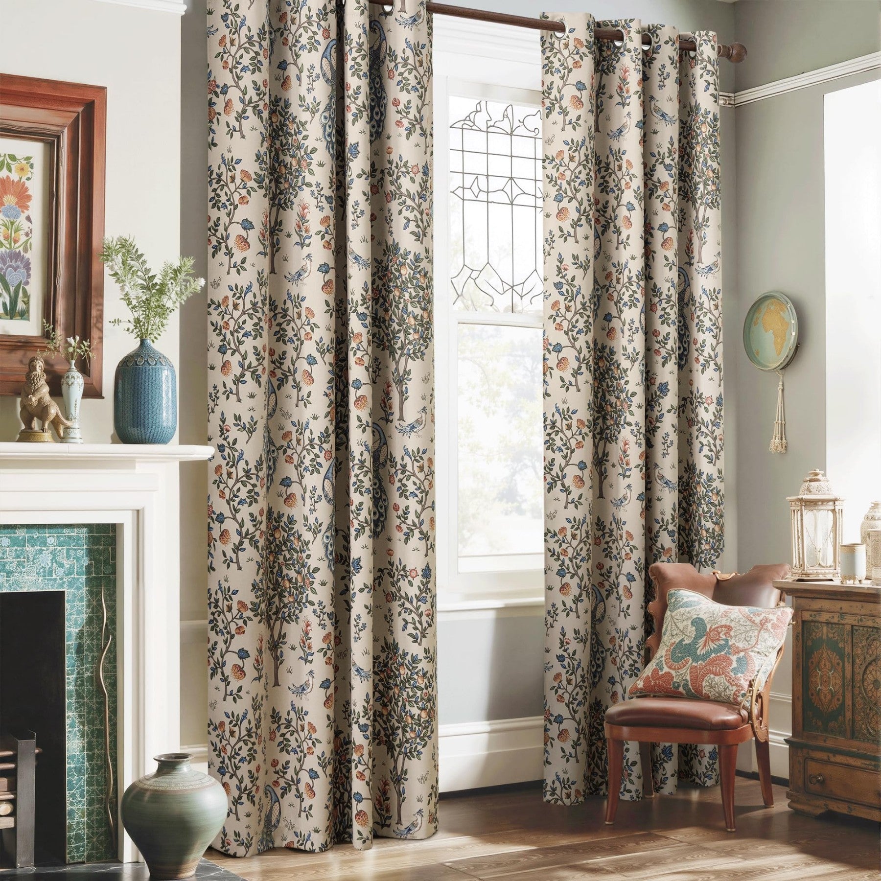 PONY DANCE Rideaux Vintage Imprimés Floraux Occultants Isolants Thermiques pour Chambre Salon, 2 Panneaux, l 132 x L 245 cm, Beige