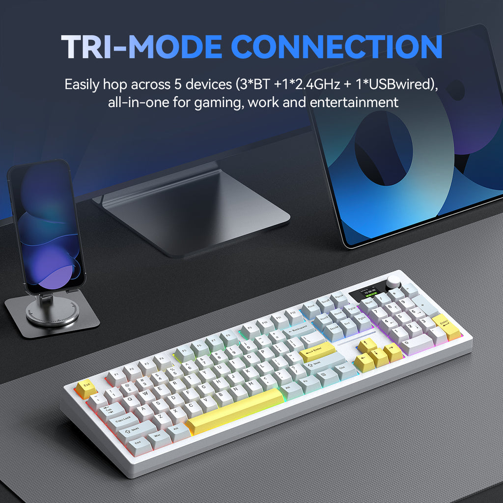 Siukie ACH105 Clavier mécanique 104 touches avec écran couleur, interrupteur détachable, 3 modes RGB, Bleu Alice et Blanc