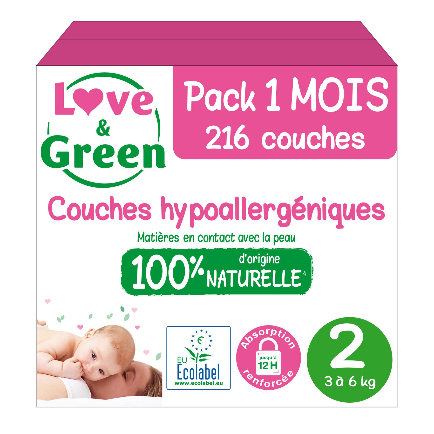 LOVE & GREEN Couches Écologiques Saines Pour Bébé Taille 2 3-6 kg - Pack Mensuel De 6 (216 Couches Au Total)
