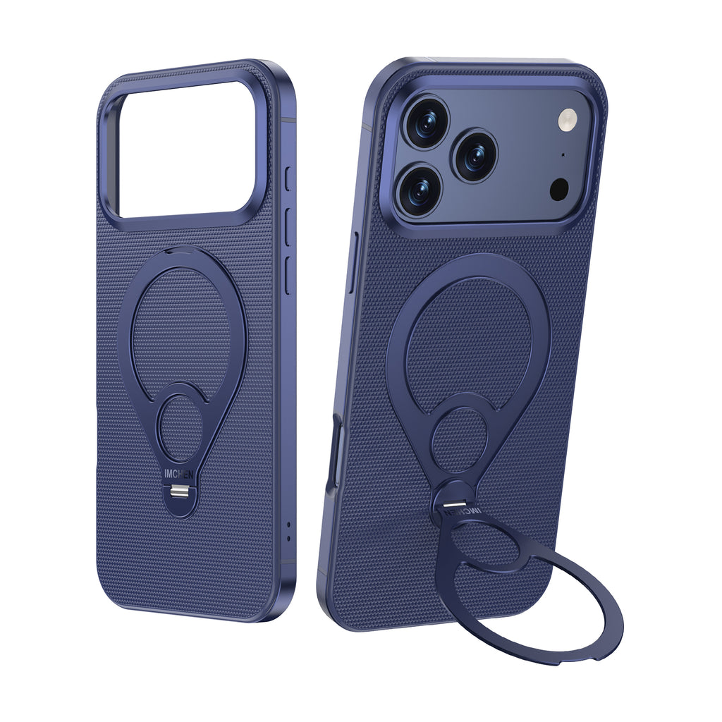 Coque pour iPhone 17 Pro, cadre en alliage, support métallique rotatif à 360°, anneau de maintien en cuir de qualité supérieure, anti-choc, Bleu, 1 pièce