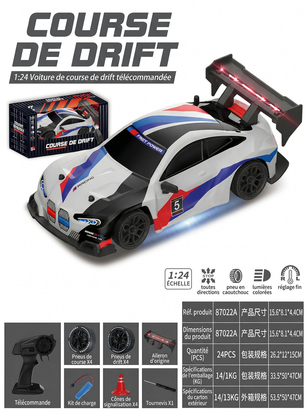 Voiture de Drift RC 4x4 BMW 1:24, Contrôle Proportionnel 2,4 g, Pneus Interchangeables, Éclairage LED Complet, Jouet de Loisirs d'Intérieur Portée 50 m pour 8 Ans et Plus, Une Pièce en Blanc