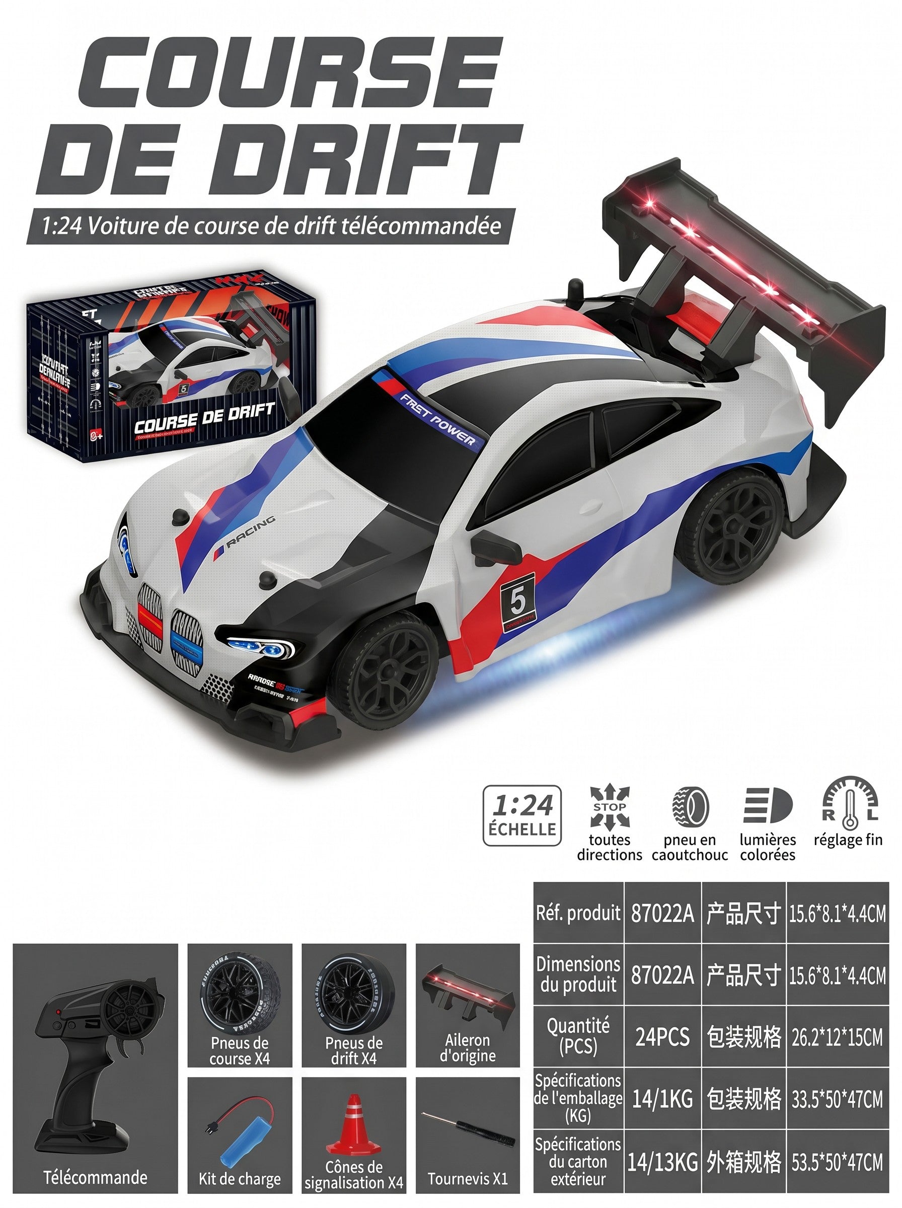 Voiture de Drift RC 4x4 BMW 1:24, Contrôle Proportionnel 2,4 g, Pneus Interchangeables, Éclairage LED Complet, Jouet de Loisirs d'Intérieur Portée 50 m pour 8 Ans et Plus, Une Pièce en Blanc