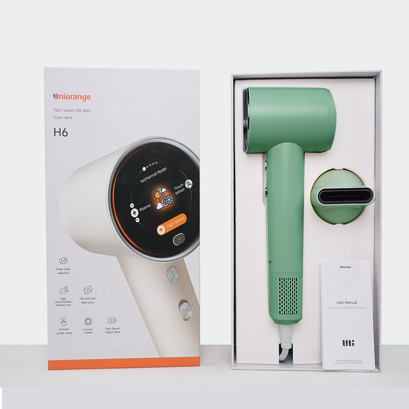 Uniorange H6 Sèche-cheveux haute vitesse à ions plasmas, écran LCD HD, 5 modes intelligents, 1600 W de puissance et 1 milliard d'ions plasmas, moteur haute vitesse 110 000 tr/min