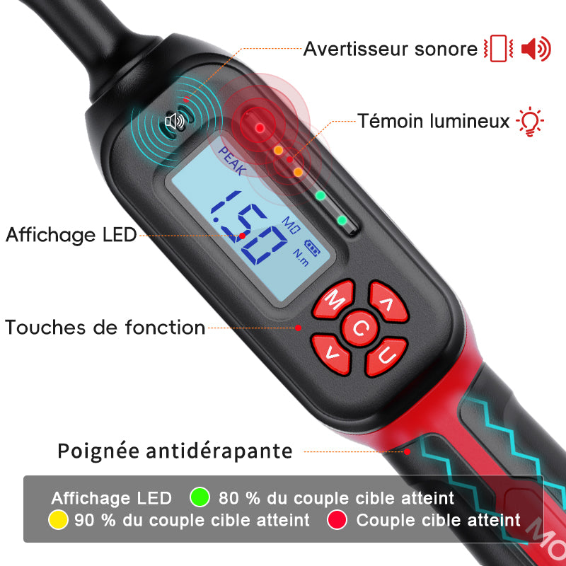 Clé dynamométrique numérique Movecrab, plage de 4,2 à 85 Nm, avec cliquet bidirectionnel, précision de ±2 %, alerte par vibration et voyant LED.