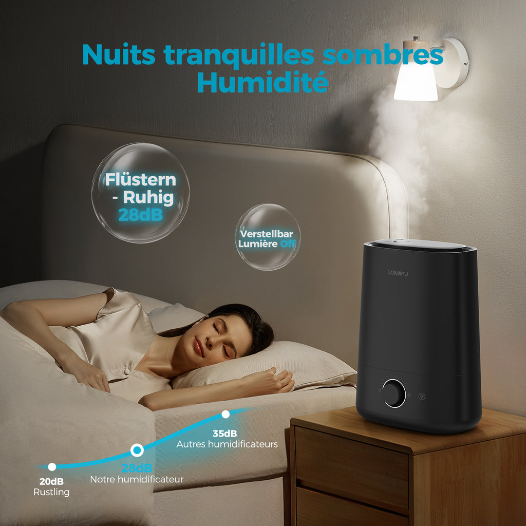 CONOPU Humidificateur 5 L à remplissage par le haut avec diffuseur d’huiles essentielles, brume froide ultrasonique, buse rotative à 360°, veilleuse, autonomie de 50 h