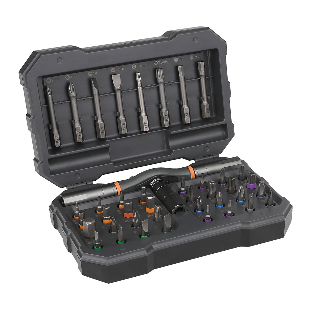 IFIXPRO Jeu de 42 en 1 de tournevis magnétique, jeu de tournevis à cliquet avec plusieurs embouts, cadeau pour la fête des Pères, avec boîte de rangement, pour ordinateurs, lunettes