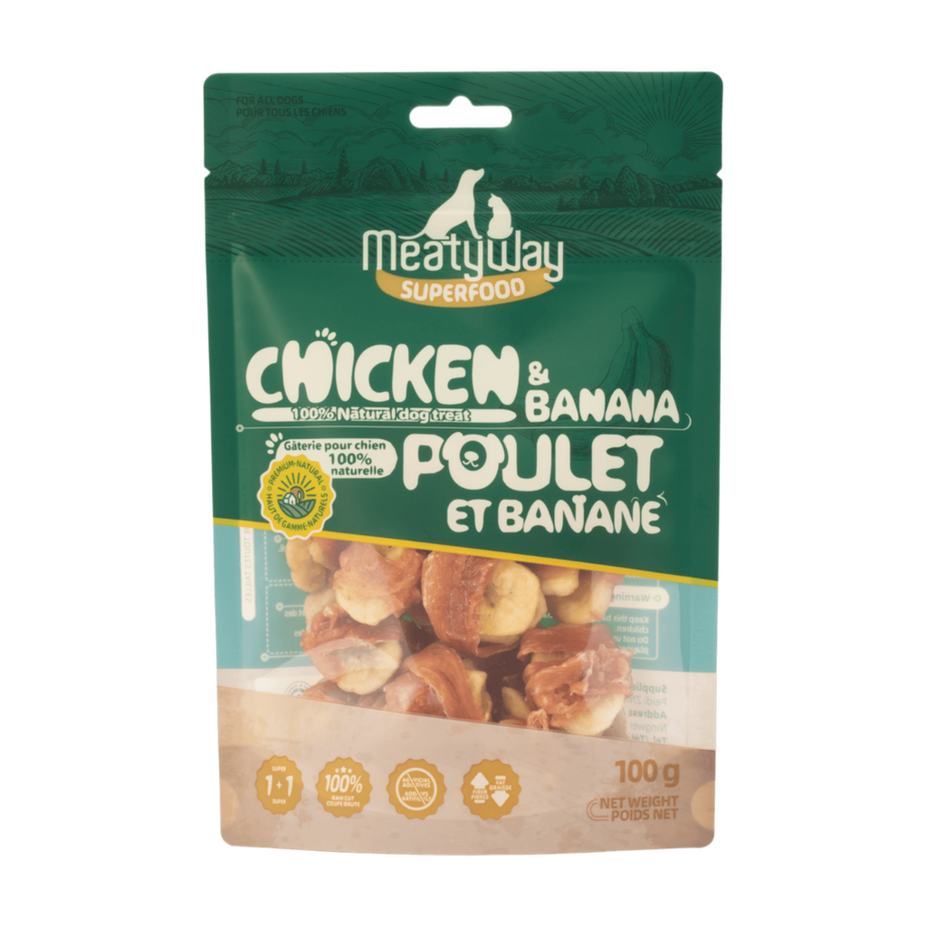 MeatyWay Nourriture pour chiens au poulet et à la banane, 100 g, adaptée à tous les stades de vie, formule sans céréales, sans additifs artificiels, agents de charge ni conservateurs