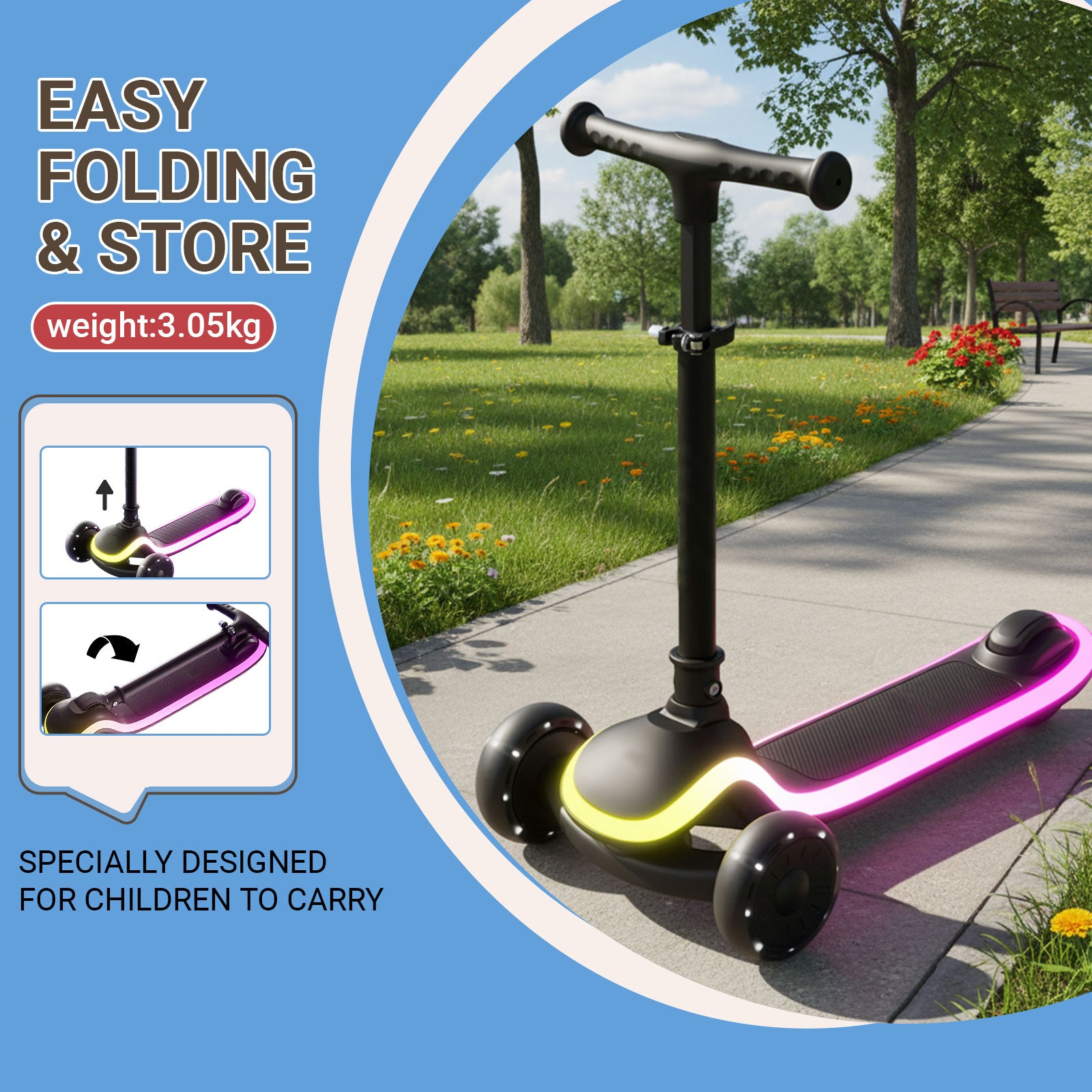 Neuleb YFQ Trottinette enfant pour garçons et filles 3-10 ans, trottinette à 3 roues lumineuse pour tout-petits avec modes LED dynamiques, pliable, hauteur réglable